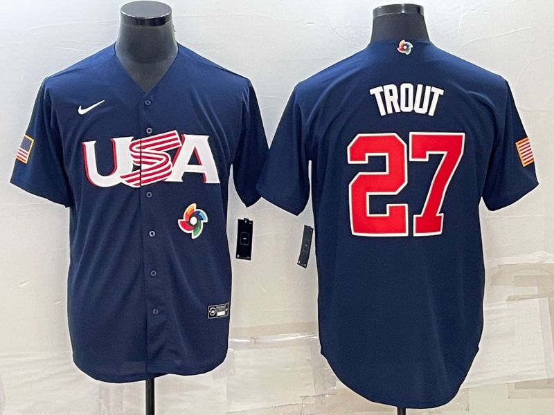 Men 2023 World Cub USA #27 Trout Blue Nike MLB Jersey7
